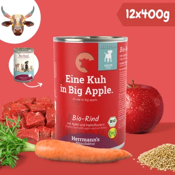 Hermann's Bio marhahús párolt menü kölyökkutyáknak - alma, kókuszpehely 12 x 400 g, Herrmanns