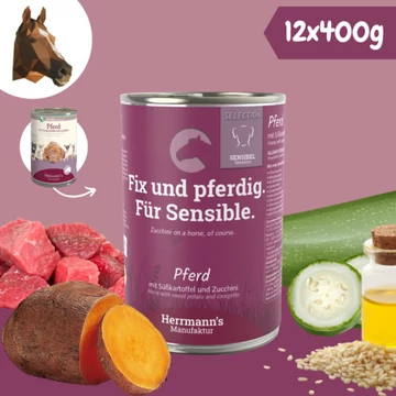 Hermann's Lóhús párolt menü érzékeny emésztésű kutyáknak - bio édesburgonya, bio cukkini 12 x 400 g, Herrmanns